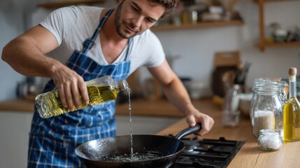 A young man in an apron cooks in the kitchen, pouring sunflower oil from a bottle into a hot frying pan.