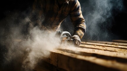 A craftsman cuts timber beams with a circular saw generating a cloud of airborne sawdust in a dimly lit workshop