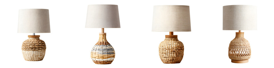 Four Woven Rattan Table Lamps with Linen Shades Isolated on White Background