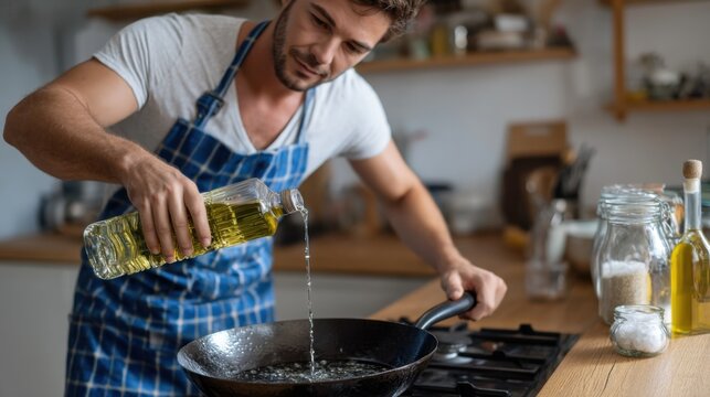 A young man in an apron cooks in the kitchen, pouring sunflower oil from a bottle into a hot frying pan.