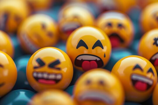 3d rendering of many glossy yellow emojis with different emotions and expressions - Powered by Adobe