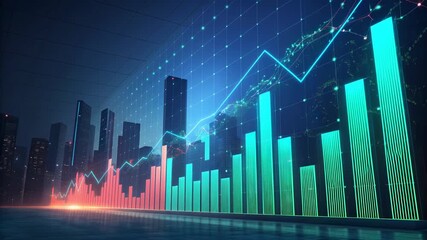 Futuristic financial chart neon bar graph upward trend city skyline data visualization digital grid night scene glowing lights green and red bar - Powered by Adobe