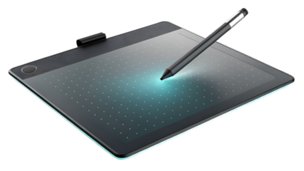 Digital drawing tablet (Wacom style), glowing active area and visible screen reflection, transparent background.
