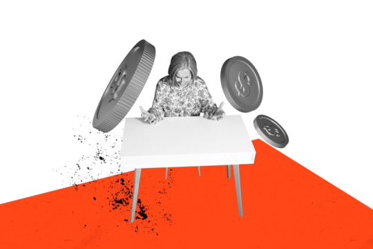 Creative collage businesswoman mature lady aggression despair panic earnings finance crisis economy fall devaluation inflation dollars