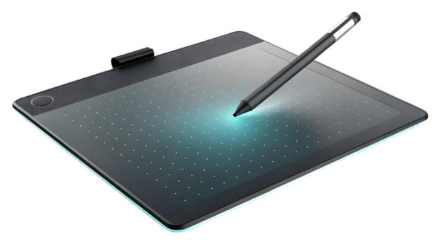 Digital drawing tablet (Wacom style), glowing active area and visible screen reflection, transparent background.