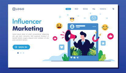 This vibrant illustration captures the essence of influencer marketing with social media icons, engaging visuals, and an individual promoting a product with excitement.
