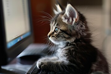 Adorable kitten using computer keyboard and looking at monitor, exploring technology