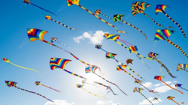 Colorful kites fly high against the blue sky, a playful summer day