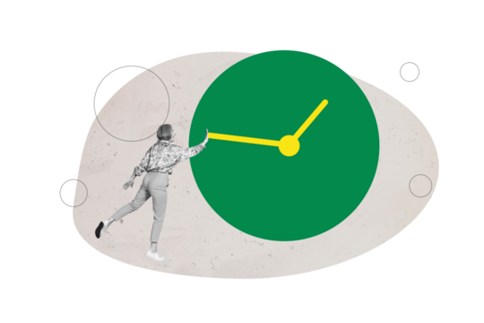 Exclusive art banner collage of happy old businesswoman push arrow dial clock timeline regime expire late countdown interval - Powered by Adobe