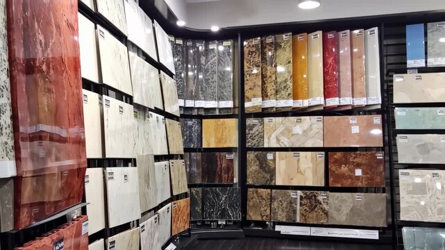 Display of various stone tile samples in a showroom with diverse colors and patterns