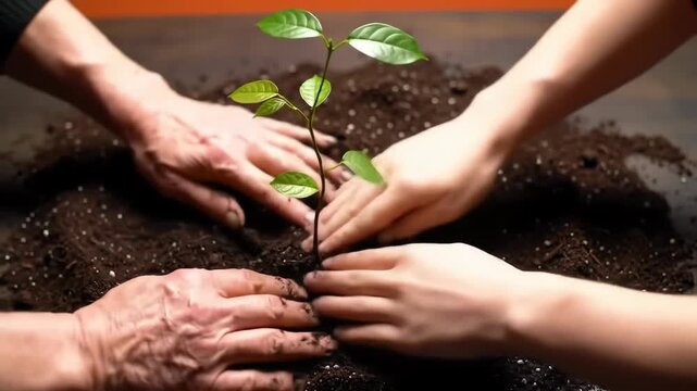 Hands planting a young tree sapling in soil, growing new life