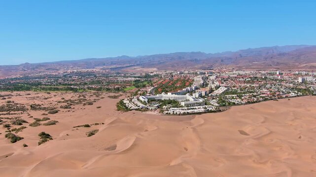 Maspalomas, Gran Canaria, Canary Islands, Spain: Aerial view of English beach (Playa del Ingl&eacute;s), perfect for travel and tourism marketing - landscape panorama of  Atlantic Ocean islands from above
