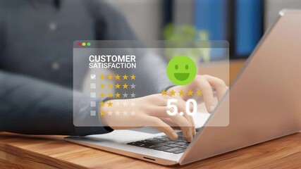 Customer satisfaction feedback review concept. 5 star rating, quality service, digital feedback system. Happy customer writing product or service experience online. 4K 3D video animation - Powered by Adobe