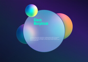 Contemporary round glass morphism panel with glowing rainbow spheres