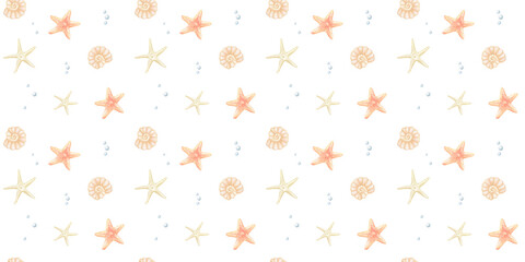 Seamless pattern with watercolor coral, seaweed, star, ocean life, hand drawn summer texture background