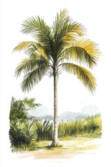 Obraz premium Tropical Palm Tree with Yellow Blooms in Warm Landscape