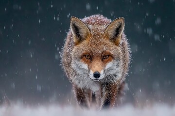 Obraz premium Majestic Red Fox Trekking Through Whispering Snowfall in a Captivating Winter Wonderland Scene