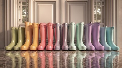 A colorful array of rain boots lined up against a beautifully lit backdrop, showcasing vibrant hues and glossy finishes.