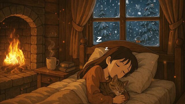 Cozy winter night with a girl and a cat by the fireplace in a snowy cabin. Loop animation