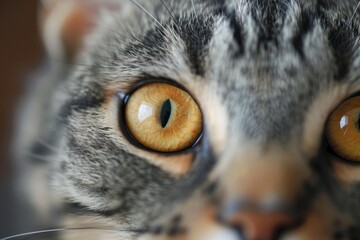 Striking close up capturing the intense gaze of a tabby cat, highlighting its captivating yellow eyes and delicate whiskers