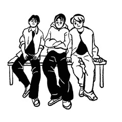 ベンチに座る若い男性3人　ベクター