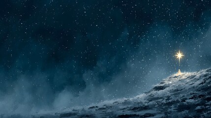 Christmas New Year A glowing star shines in a dark, snowy landscape filled with twinkling lights.