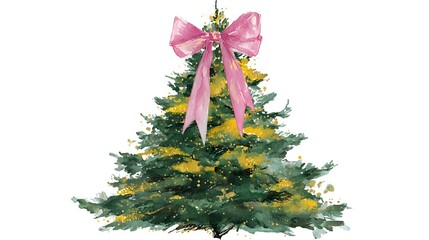 Festive watercolor Christmas tree decorated with pink bow and golden ornaments on white background, isolated holiday illustration for seasonal designs.