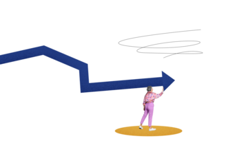 Composite photo collage of happy girl touch promotion arrow development success growth aim progress isolated on painted background