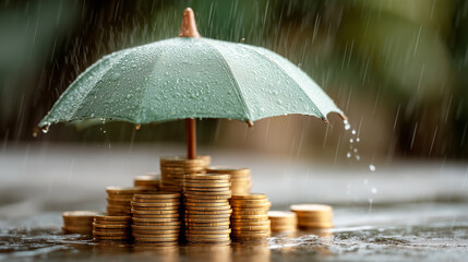 A green umbrella shields stacks of gold coins in the rain, symbolizing financial protection and stability.
