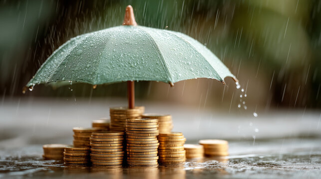 A green umbrella shields stacks of gold coins in the rain, symbolizing financial protection and stability.

