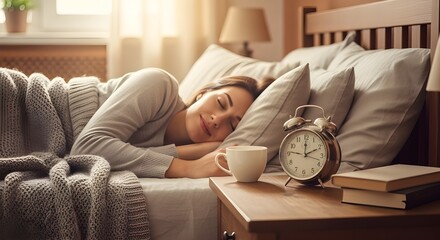 Asian women sleeping peacefully in bed beside a vintage alarm clock. A calm and cozy morning scene showing rest, relaxation, and healthy sleep habits.