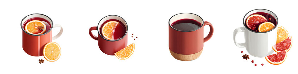 Mulled Wine in Mugs Collection: Holiday Drinks with Citrus and Spices on White