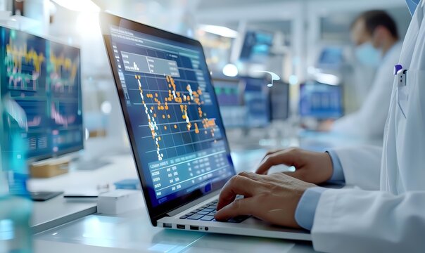 Medical professional analyzing data on laptop screen in laboratory setting with digital charts and graphs. Healthcare technology for patient monitoring.
