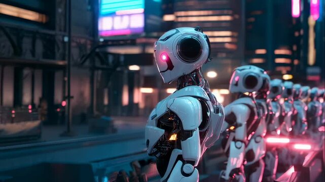 A row of futuristic robots with glowing details standing on a street in a neon cityscape, artificial intelligence in an urban setting footage.