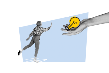 Creative collage image mature businesswoman hand hold palm lightbulb lamp invention startup idea success eureka decision thought