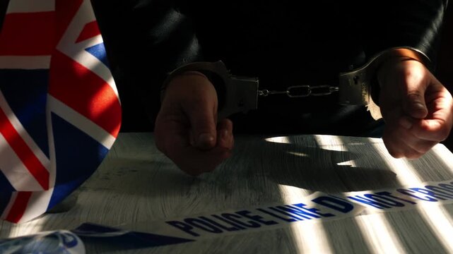 Criminal in handcuffs in British police room