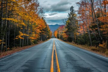 Fototapeta premium Scenic route stretching through vibrant fall foliage, inviting exploration of nature's beauty