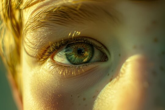 Close up of a child's captivating green eye, reflecting the world around, framed by delicate eyelashes and freckles