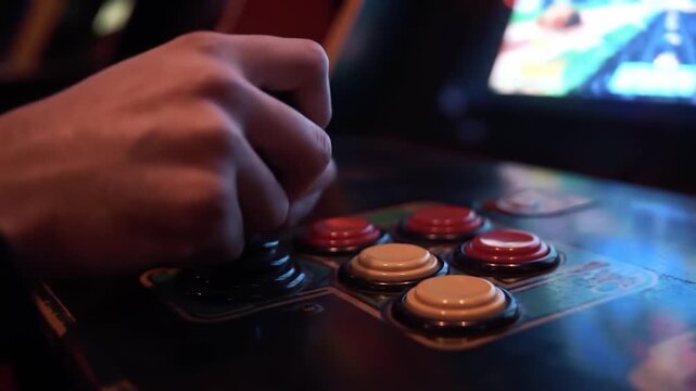 Person play classic arcade game with joystick and buttons