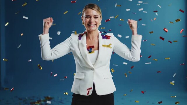 Woman Celebrates Success With Confetti During Joyful Event in Bright Studio