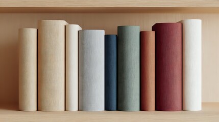 Row of hardcover books in muted earth tones and pastel colors standing on wooden shelf, creating minimalist composition with soft natural lighting.