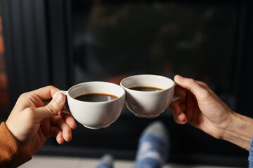 Lovely couple with cups of coffee near fireplace at home, closeup