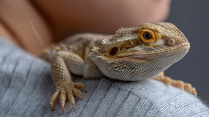Close-up of a bearded dragon lizard resting on a human shoulder, symbolizing exotic pet care, and reptile companionship.