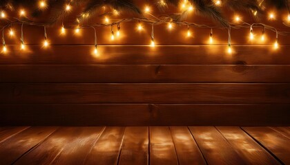 festive string lights adorn rustic wood surface warm holiday backdrop banner copy space