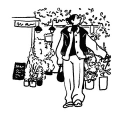 Woman Standing in Front of a Flower Shop Line Art Vector