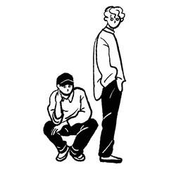 Two men standing and sitting, line art, vector