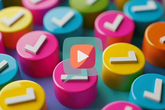 Play button representing online video marketing validating choices with check marks on colorful cylinders