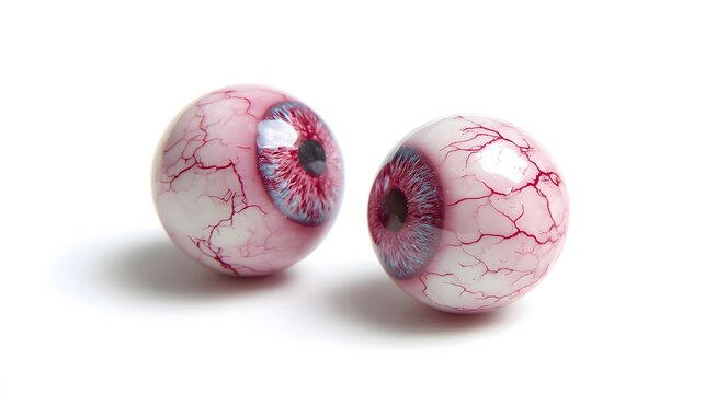 Two eerie eyeballs with red veins on a white background.