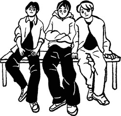 Three young men sitting on a bench Vector