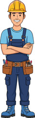 Cartoon construction worker with hard hat, tool belt, and smiling pose wearing safety gear for labor, handyman, engineering, and occupation content
